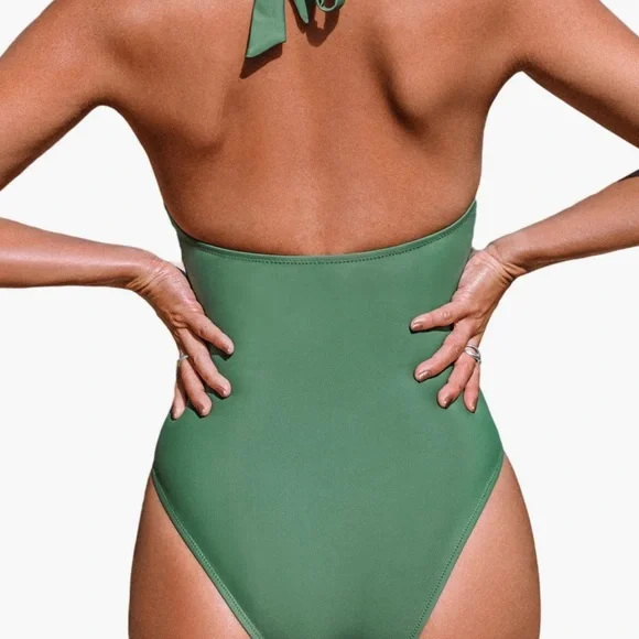 Cupshe Floral Cutout Halter One-Piece Swimsuit SOLD OUT Nordstrom Olive Green - Picture 2 of 5
